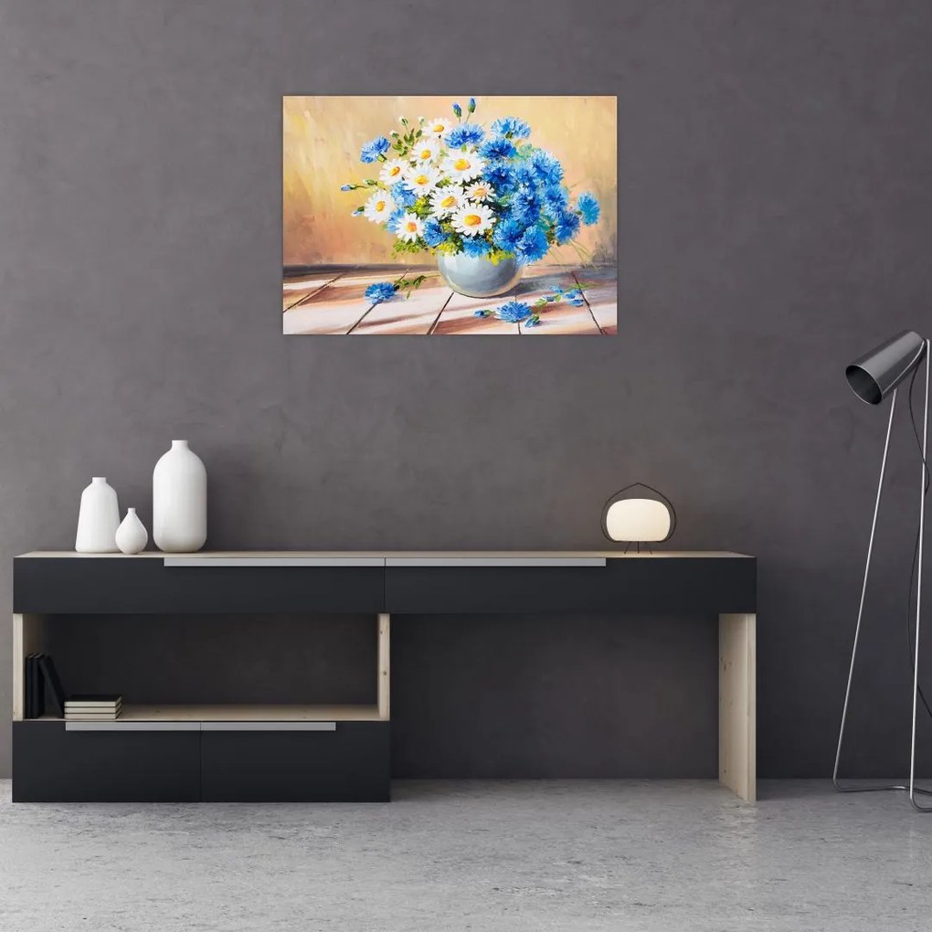 Tablou pe sticlă pictat cu vaza și flori (70x50 cm)