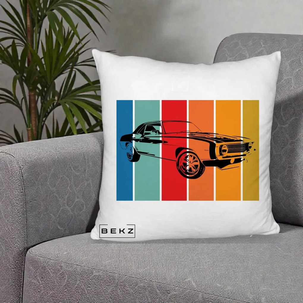 Perna Personalizata Masina Retro Muscle Car Grafic, 40x40 cm, Alb Pufos, Husa Detasabila, Perna Inclusa, BEKZ®