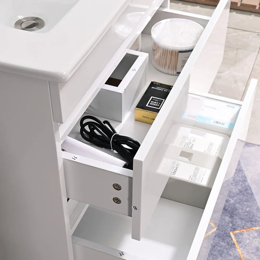 Mască de baie Cube 60 cu chiuvetă ceramică, 2 sertare, vopsită în alb lucios