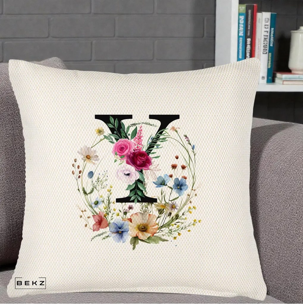 Cadou Personalizat - Perna Personalizata Monograma Florala Litera Y cu Coroana, 40x40 cm, Crem Reliefat, Husa Detasabila, Perna Inclusa, BEKZ®