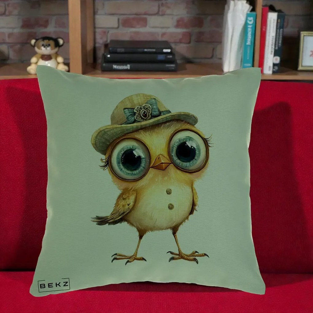 Perna Decorativa Pui Elegant cu Palarie Teal, 40x40 cm, Verde, Husa Detasabila, Perna Inclusa, BEKZ®