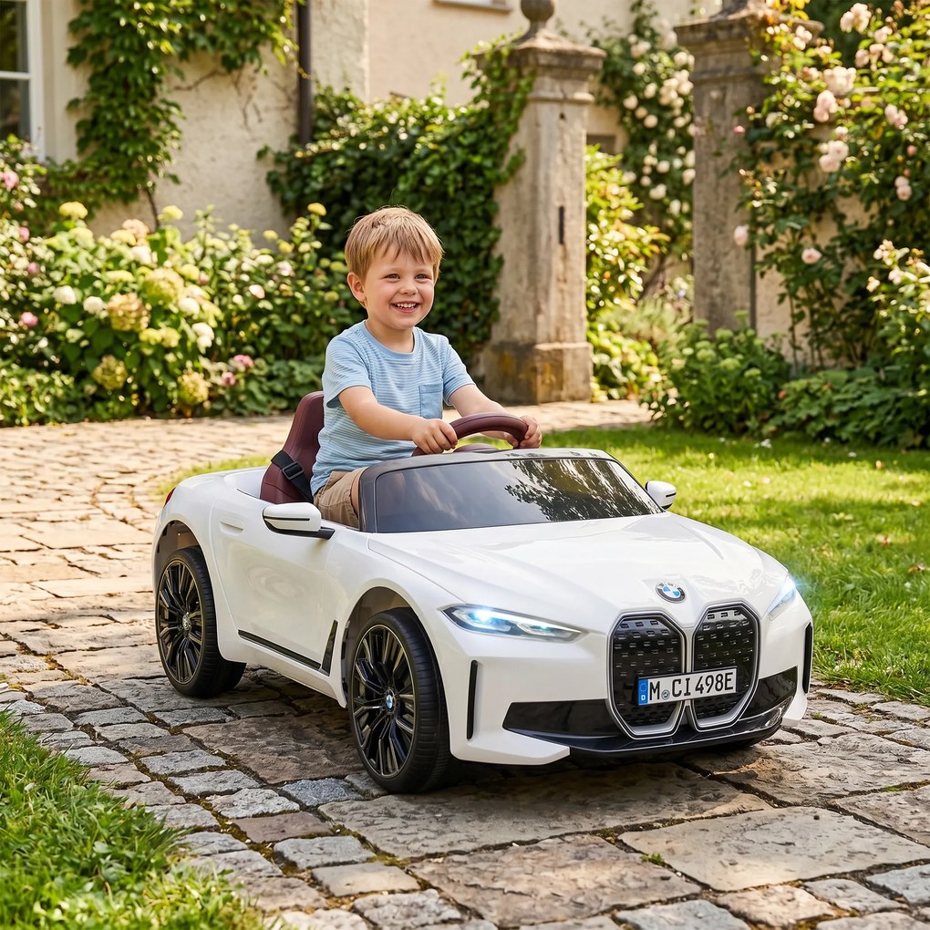 HOMCOM Masinuta Electrica pentru Copii BMW i4 cu Licenta de 12V cu Telecomanda, Baterii Portabile, Muzica, Claxon, pentru 3-6 ani Alb | Aosom Romania
