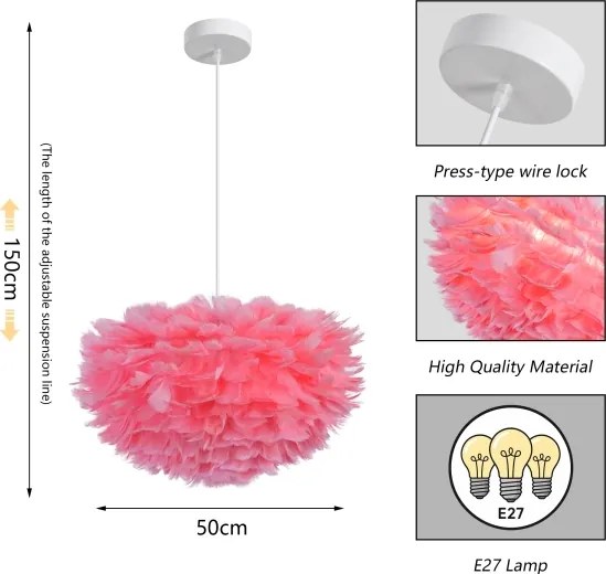 Brilagi - Lustră suspendată pe cablu FEATHER 3xE27/40W/230V, Ø 50 cm, roz