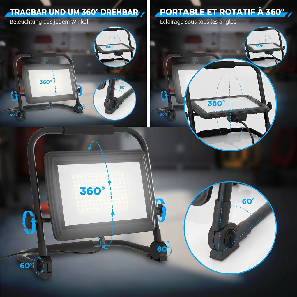 HOMCOM Lampă de Lucru LED, Portabilă și Rezistentă la Intemperii, 35x20x32 cm, Negru | Aosom Romania