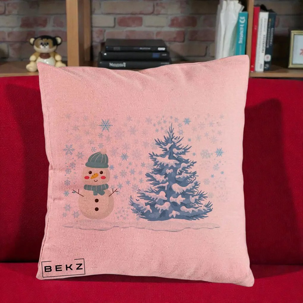 Perna Decorativa Om de Zapada si Brad Craciun, 40x40 cm, Roz, Husa Detasabila, Perna Inclusa, BEKZ®