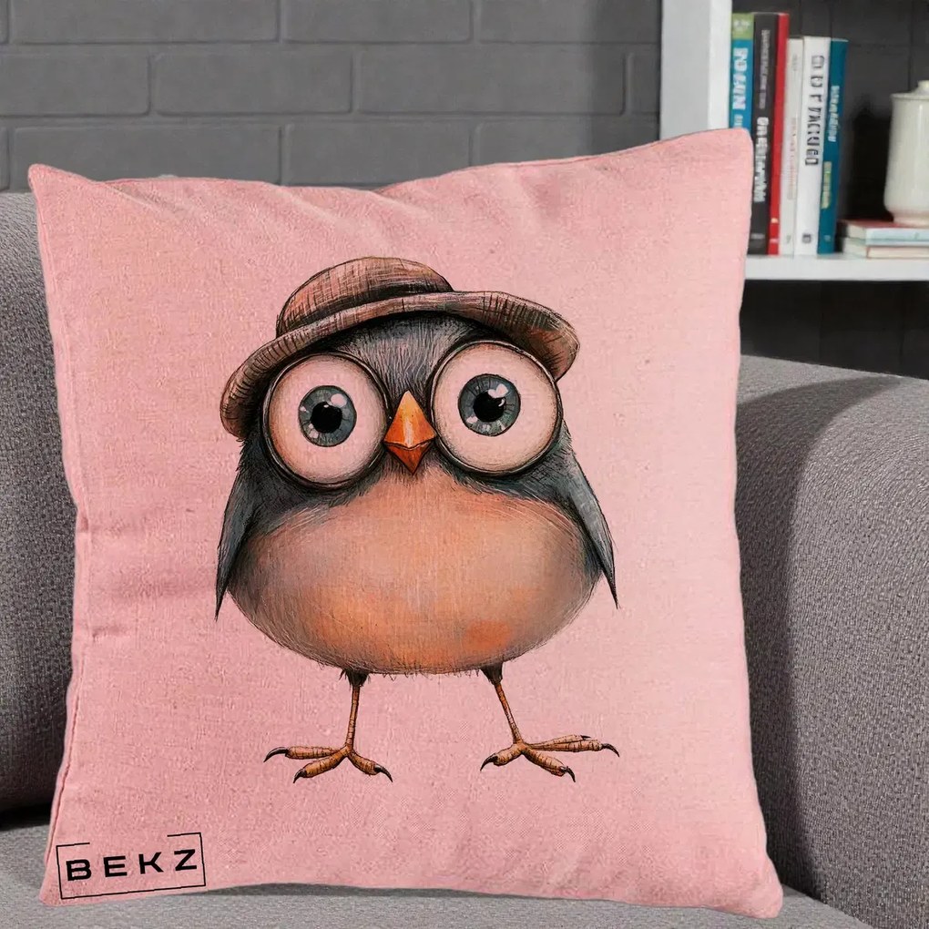 Perna Decorativa Pui cu Palarie Rotunda, 40x40 cm, Roz, Husa Detasabila, Perna Inclusa, BEKZ®