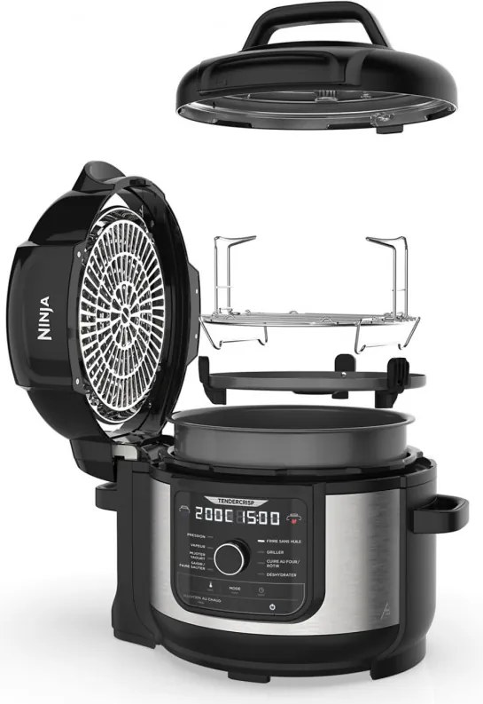 Multicooker sub presiune Ninja Foodi OP350FR, 1400 W, 6 Л, 9 programe, 40-200°C, TenderCrisp®, Acoperire ceramica, Mentinerea caldurii, Pui întreg, Negru/inoxidabil