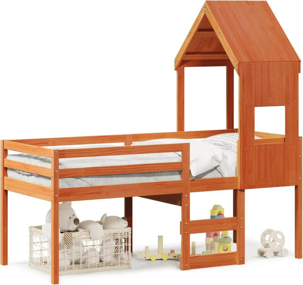 vidaXL Pat înalt cu acoperiș, maro ceruit, 75x190 cm, lemn masiv pin