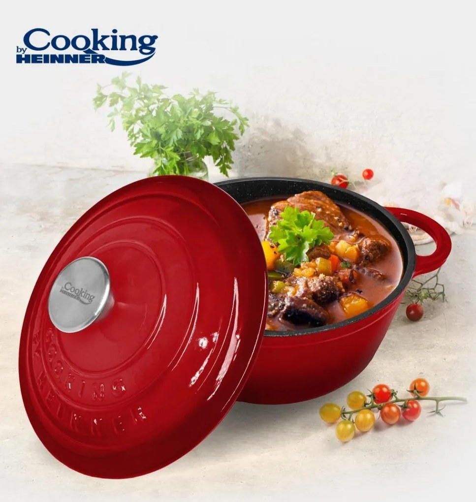 Cratiță din fontă emailată cu capac 20x10 cm, 2.4L – Cooking by Heinner, Colecția Red Line HR-KN-C24, ideală pentru cuptor și plite
