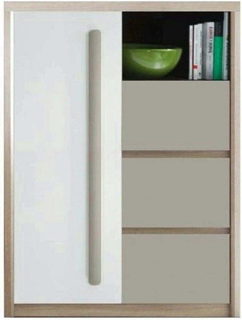 Comoda ROMA 8, stejar Ferrara/alb lucios/gri mat, PAL/PVC, 90x43x117 c