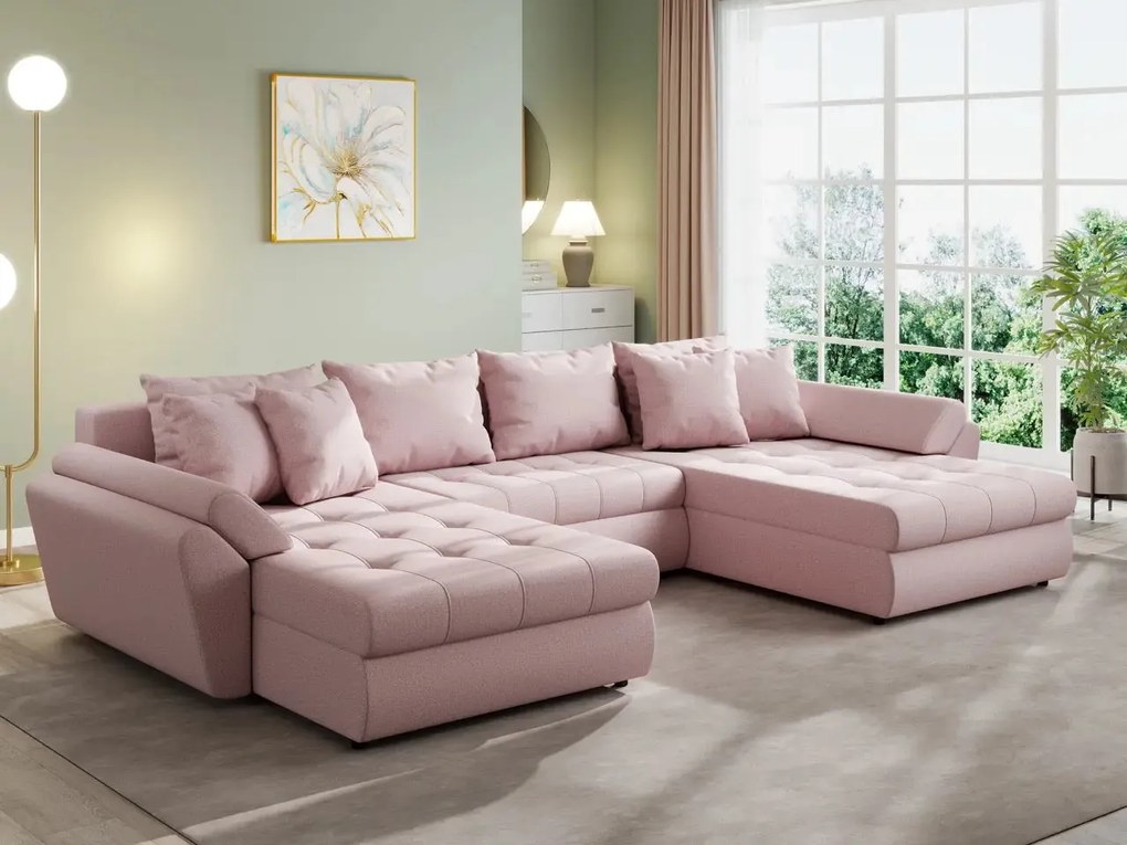 Colțar extensibil dumonde cu ladă de depozitare si sezut confortabil din spuma high-density, Loana U Enjoy Flamingo 355x185 cm