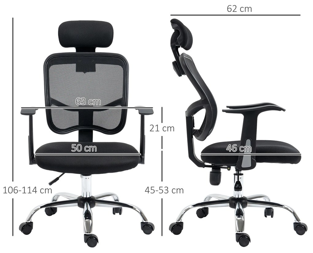 Vinsetto Scaun de Birou Ergonomic și Reglabil cu Tetieră, Negru | Aosom Romania