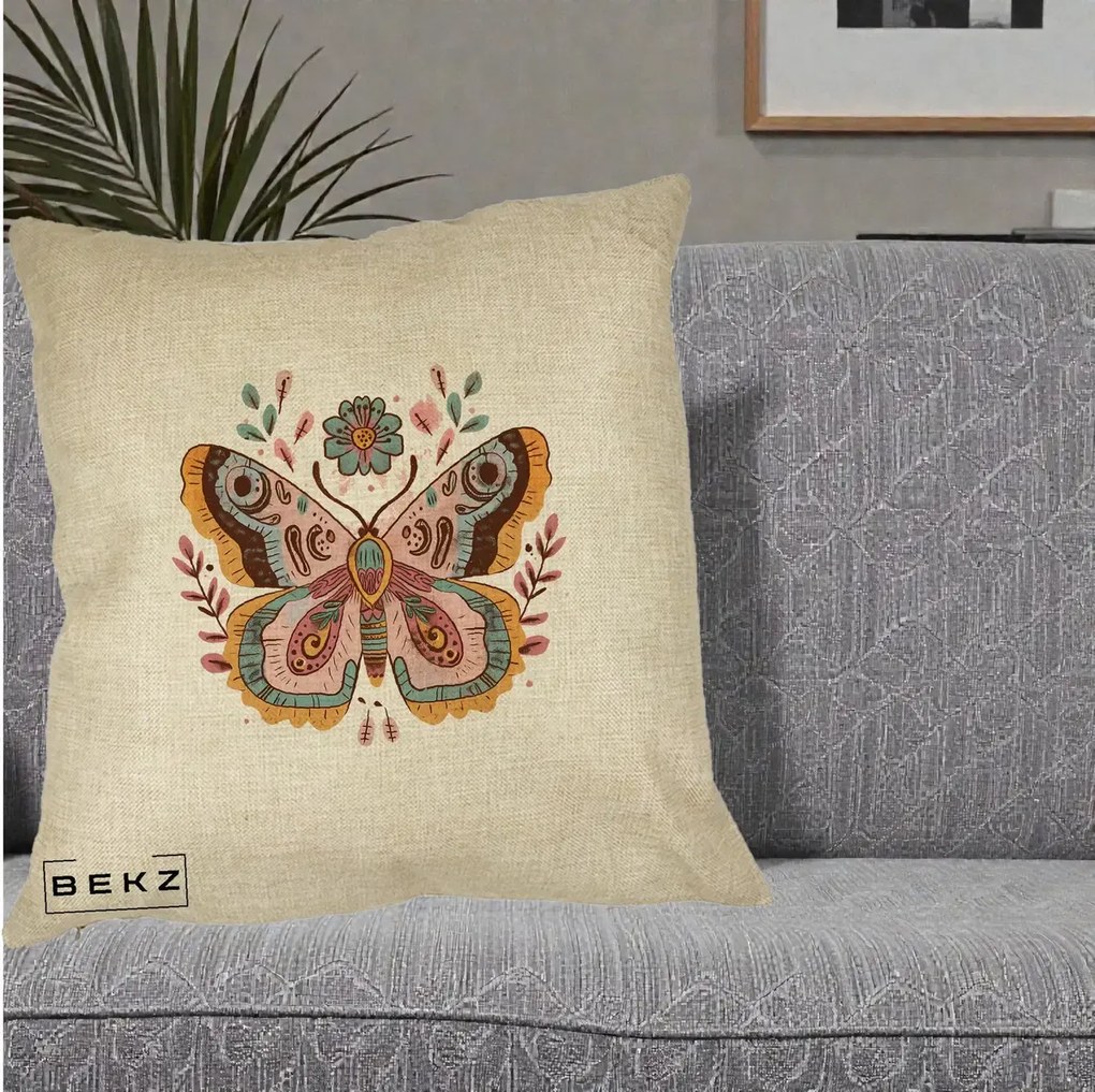 Perna Decorativa Fluture Boho Floral, 40x40 cm, Crem, Husa Detasabila, Perna Inclusa, BEKZ®