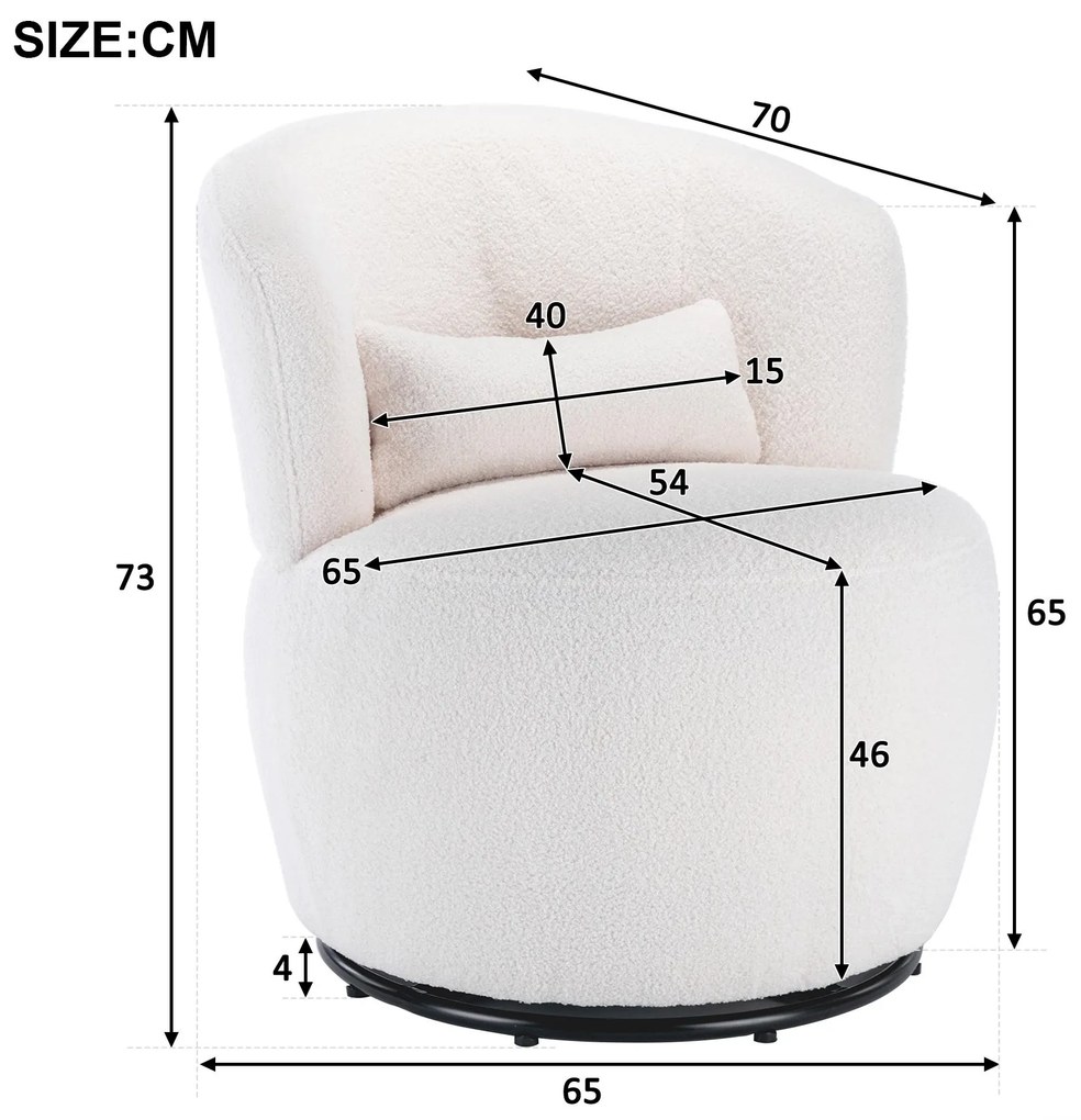 Scaun Birou Girevol din Pluș Teddy cu Pernă Lombară, Bază Metalică Rotativă la 360°, Capacitate 100 kg, 65x70x73 cm, Alb