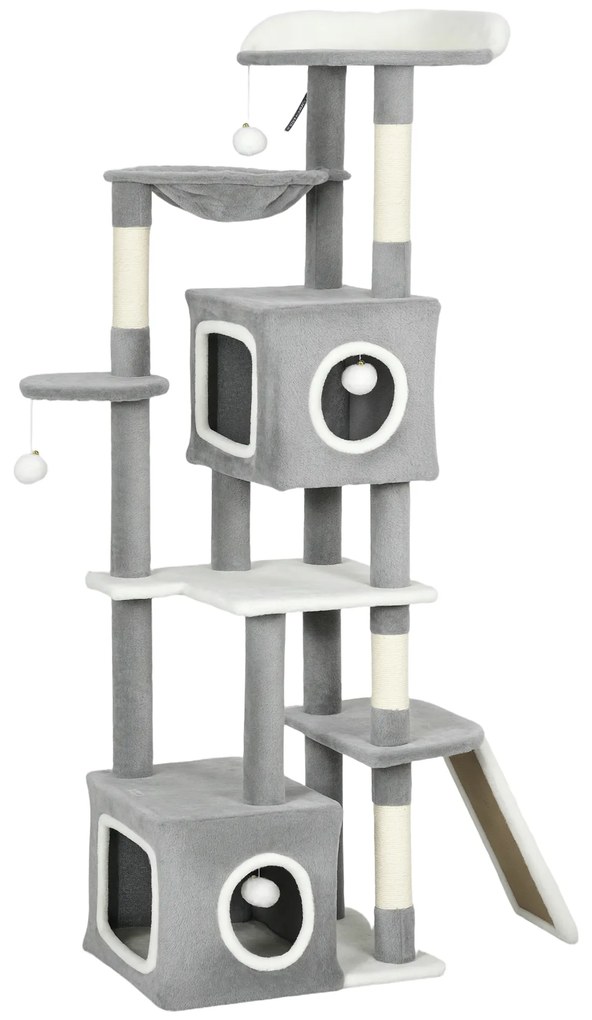 PawHut Arborele pentru Pisici cu Căsuțe, Rampe, Stinghie și 4 Mingi, Gri | Aosom Romania
