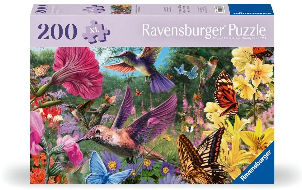 PUZZLE PENTRU VARSTNICI PASARI COLIBRI SI FLUTURI CU SABLON DE IMAGINE SI SUPORT DIN CARTON 200 PIESE MARI XL - RAVENSBURGER (RVSPA01369)