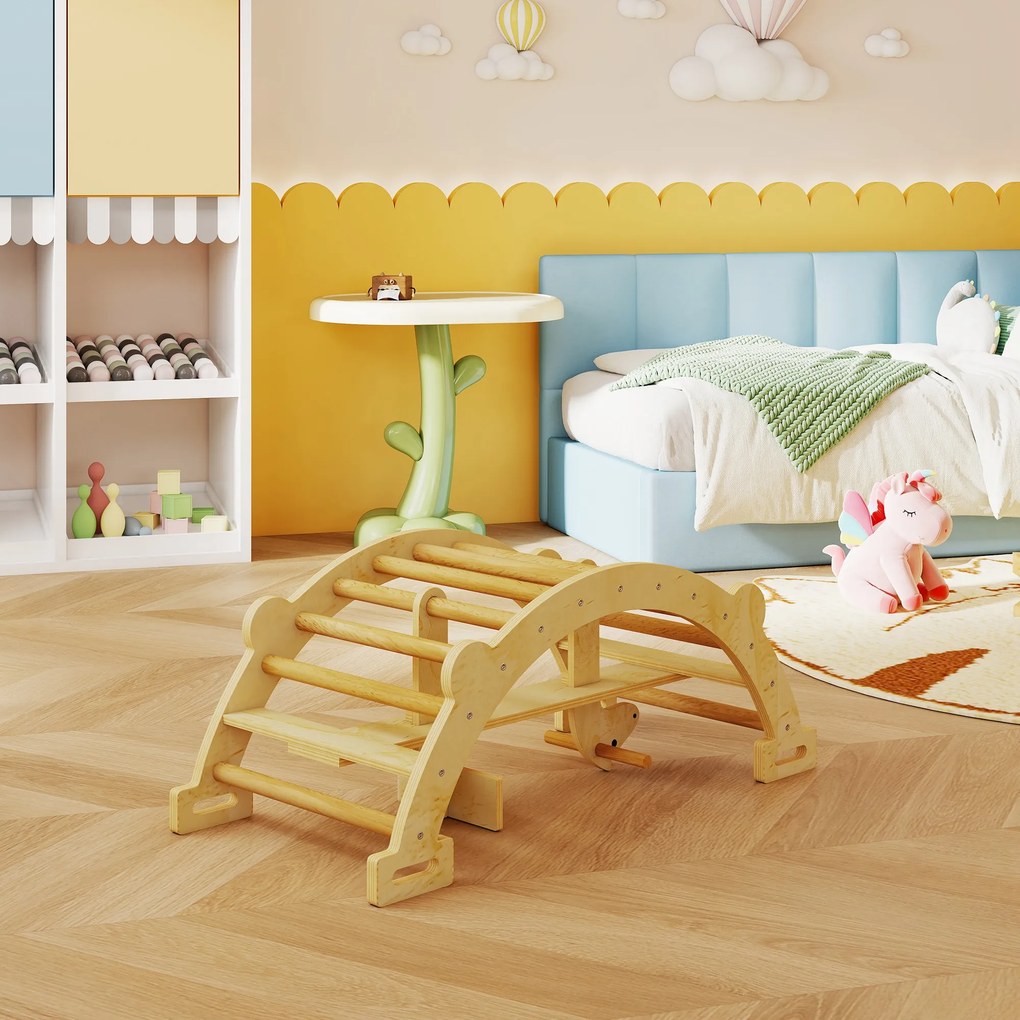 AIYAPLAY Arc Montessori din Lemn pentru Copii 2-4 Ani, Convertibil în Balansoar, Joc de Cățărare, 110x52x45 cm, culoare Lemn | Aosom Romania
