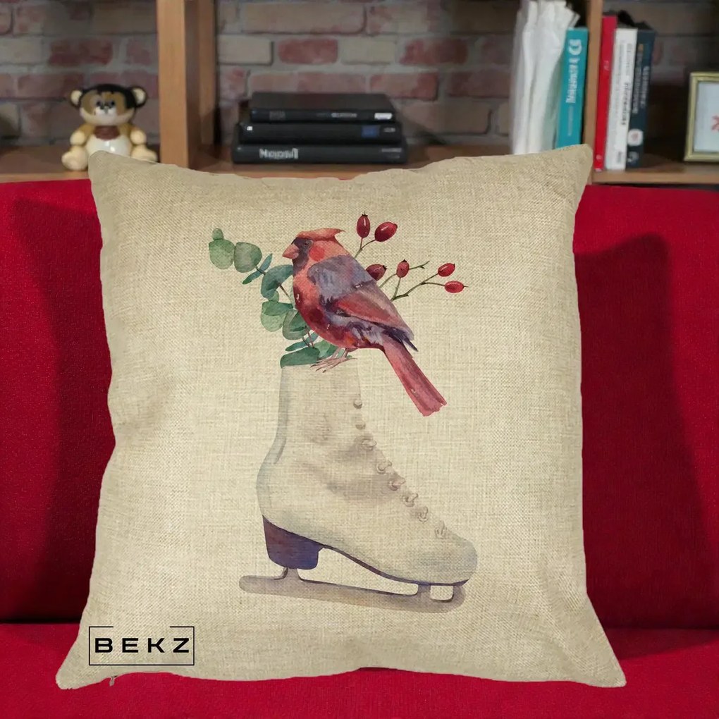 Perna Decorativa Cardinal Rosu pe Patina de Gheata, 40x40 cm, Crem, Husa Detasabila, Perna Inclusa, BEKZ®