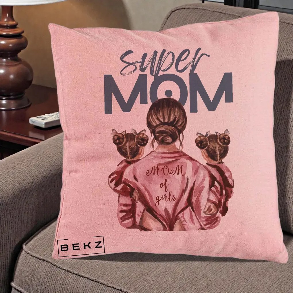 Cadou pentru Mama - Perna Personalizata Super Mom of Girls Mama cu Gemene, 40x40 cm, Roz, Husa Detasabila, Perna Inclusa, BEKZ®