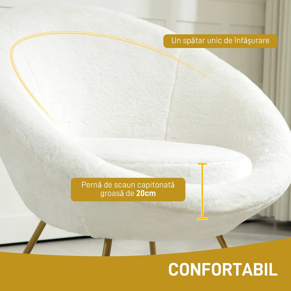 HOMCOM Fotoliu din Material cu Imitație Blană, Picioare Metalice Aurii și Tălpițe Antiderapante, 75x66x79 cm, Alb | Aosom Romania