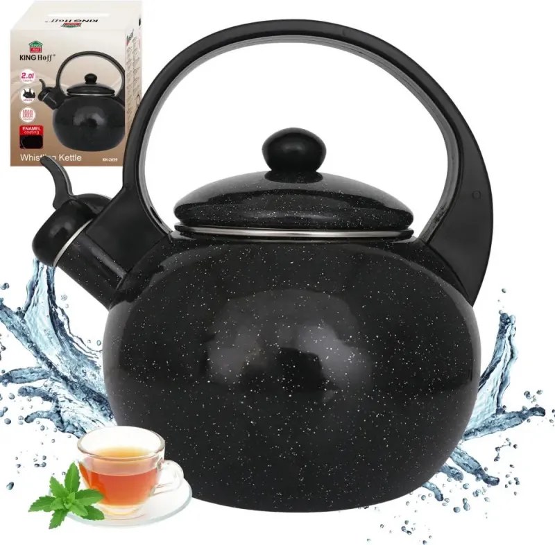 Ceainic cu fluier Kinghoff KH 2039, 2 l, interior emailat, compatibil cu plitele cu inducție, negru
