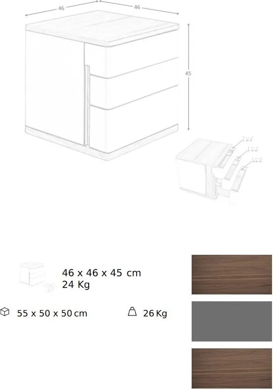 Noptiera cu 3 sertare furnir din lemn de nuc si MDF lacuit, Anna