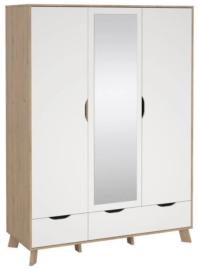 Șifonier alb-în culoare naturală cu aspect de lemn de stejar cu oglindă 147x201x58 cm Ikast – Tvilum