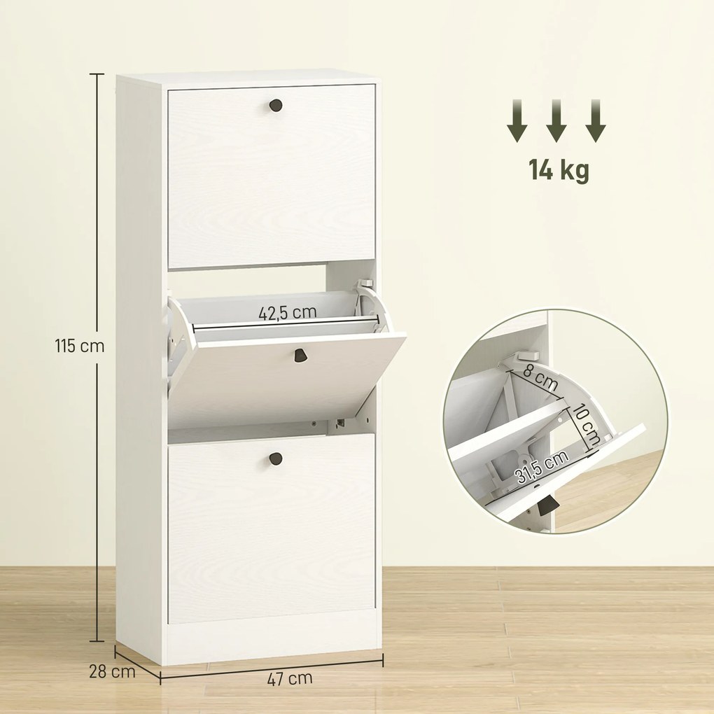 HOMCOM Dulap cu 3 Uși Rabatabile Rafturi Ajustabile și Design Compact 47x28x115 cm Alb cu Inserții de Lemn | Aosom Romania