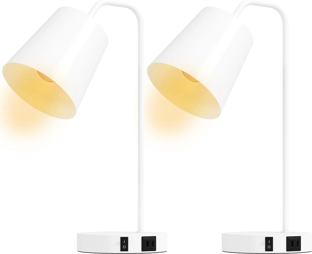HOMCOM Set de 2 Veioze Moderne din Oțel cu Porturi USB, Soclu E27, Bec Neinclus, Alb | Aosom Romania