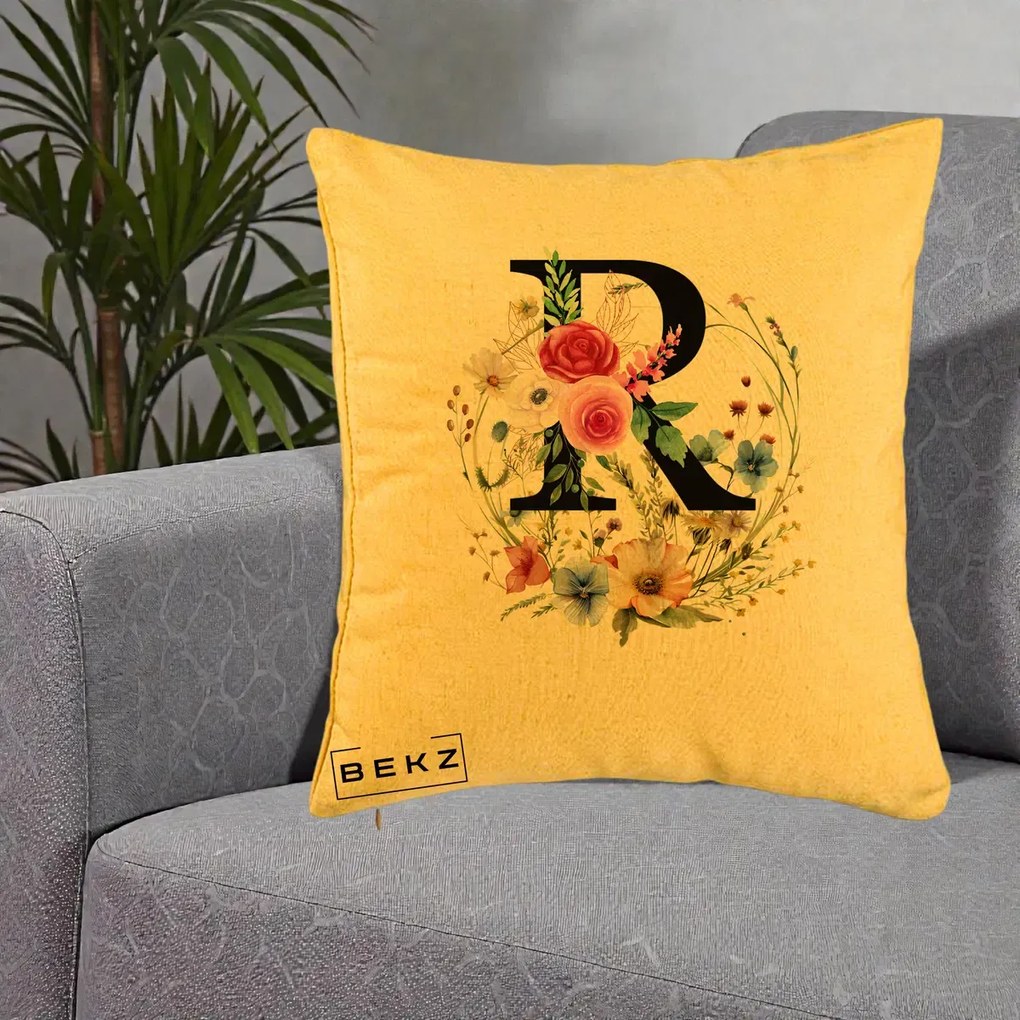 Cadou Personalizat - Perna Personalizata Monogram Litera R cu Flori Acuarela, 40x40 cm, Galben, Husa Detasabila, Perna Inclusa, BEKZ®