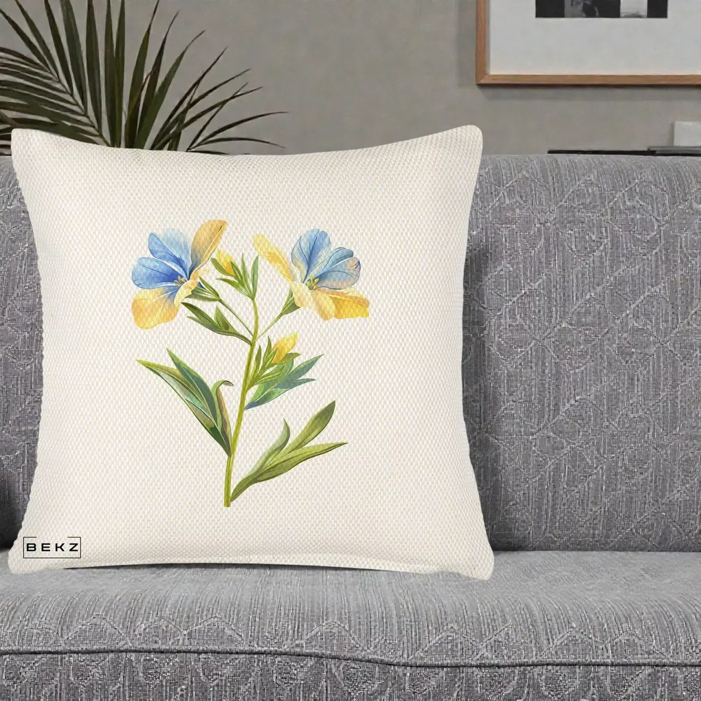 Perna Decorativa Botanica Frezie Galbena si Albastra, 40x40 cm, Crem Reliefat, Husa Detasabila, Perna Inclusa, BEKZ®