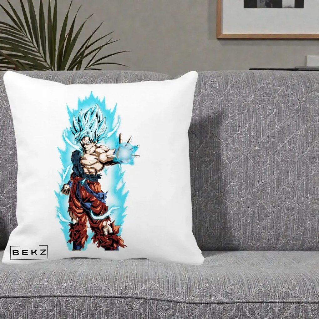 Perna Personalizata Dragon Ball Goku Ultra Instinct Blue, 40x40 cm, Alba Mata, Husa Detasabila, Perna Inclusa, BEKZ®