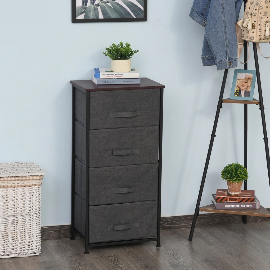 HOMCOM Comoda din Material Textil Mobila de Depozitare 4 sertare sifonier dim. 45L x 30l x 92H cm Cadru din metal gri | Aosom Romania