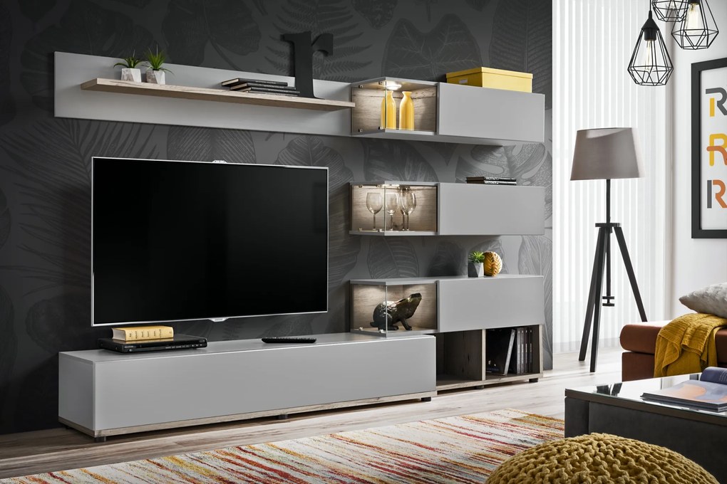 Mobilier living Seghill 28 DWPG SK (gri perlă + stejar wellington) (cu iluminat). 1024038