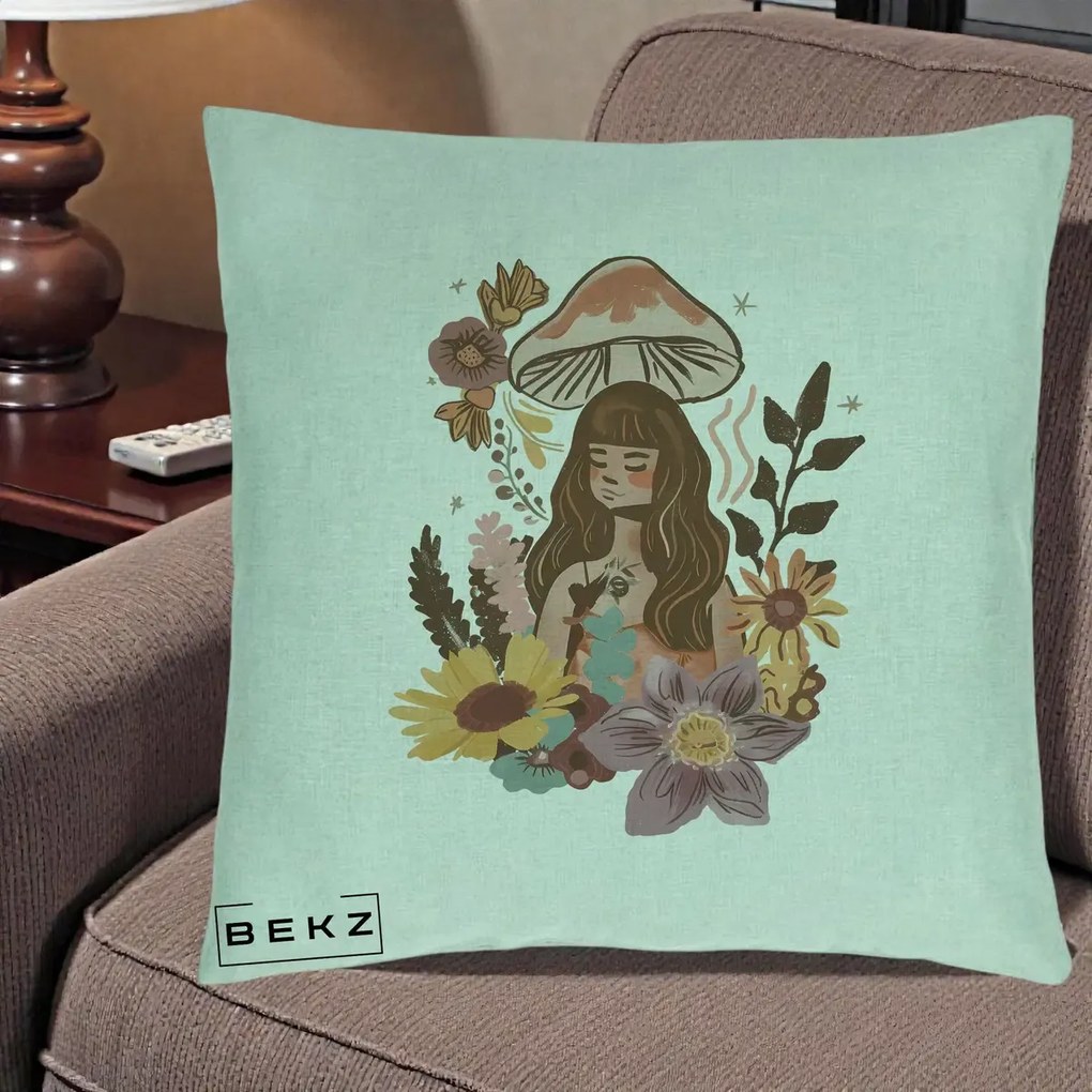 Perna Decorativa Fata Ciuperca Boho Florala, 40x40 cm, Verde Menta, Husa Detasabila, Perna Inclusa, BEKZ®
