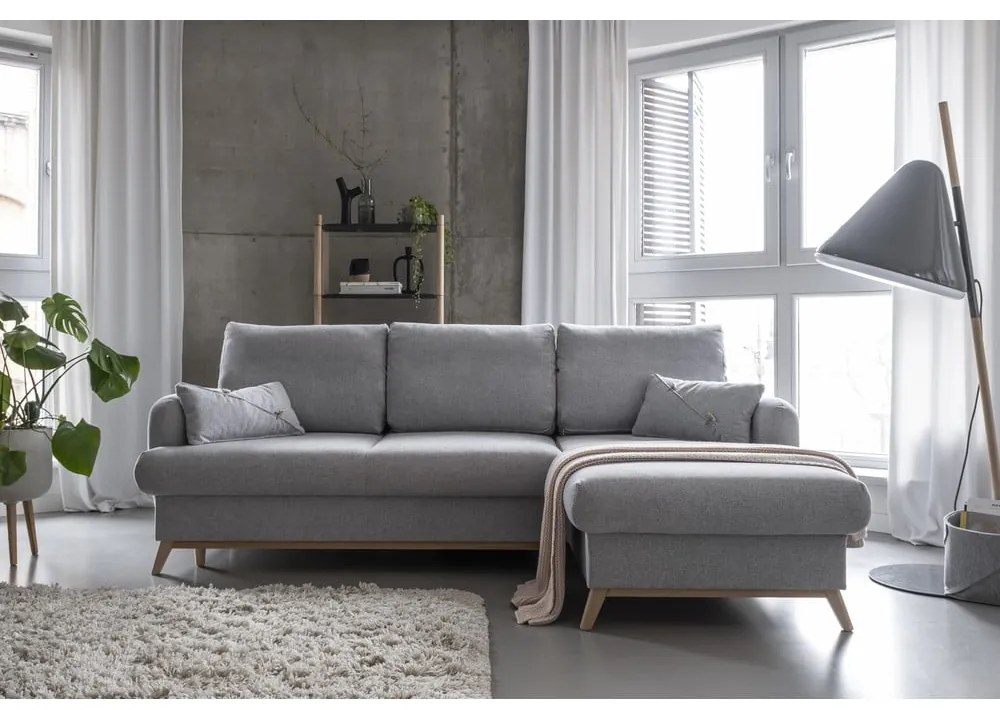 Colțar gri deschis extensibil/cu spațiu de depozitare (cu colț pe partea dreaptă/cu șezlong) Scandic Lagom – Miuform