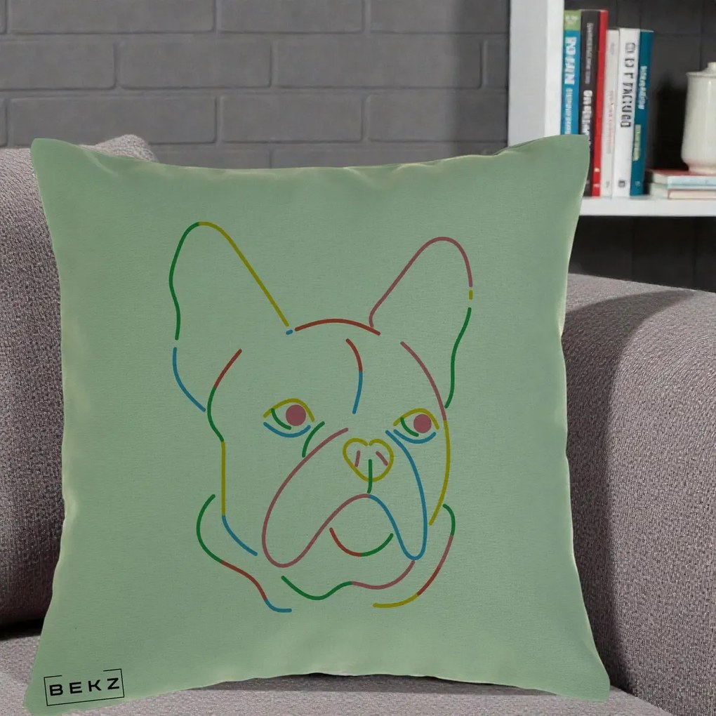 Perna Decorativa Bulldog Francez Line Art Curcubeu, 40x40 cm, Verde, Husa Detasabila, Perna Inclusa, BEKZ®