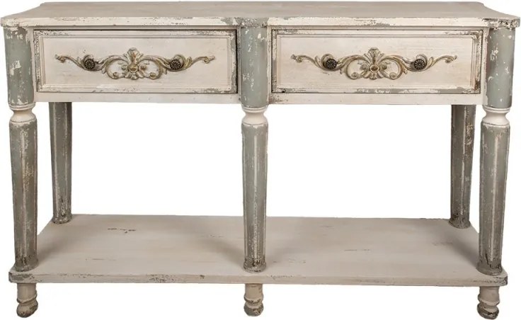 Consolă hol shabby chic din lemn, alb, cu 2 sertare, raft, picioare gri canelate și ornamente sculptate, 92 x 141 x 36 cm, „Marguerite”
