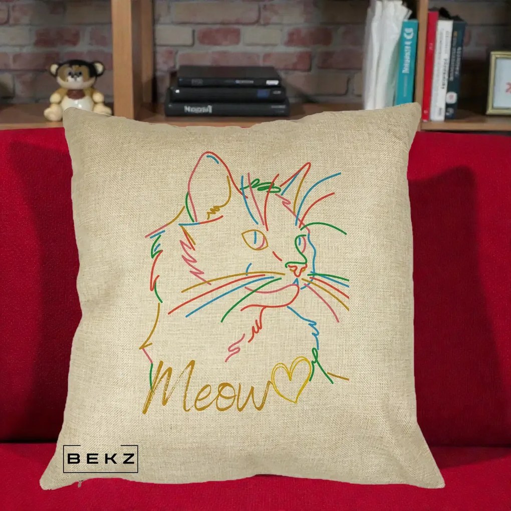 Perna Personalizata Pisica Meow Arta Linie Colorata, 40x40 cm, Crem, Husa Detasabila, Perna Inclusa, BEKZ®