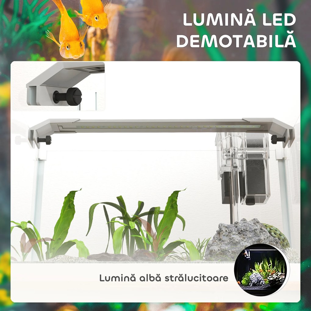 PawHut Acvariu pentru Pești Roșii din Sticlă cu Lumini LED cu Filtru și Pompă de Apă, 38x26x27 cm, Alb | Aosom Romania