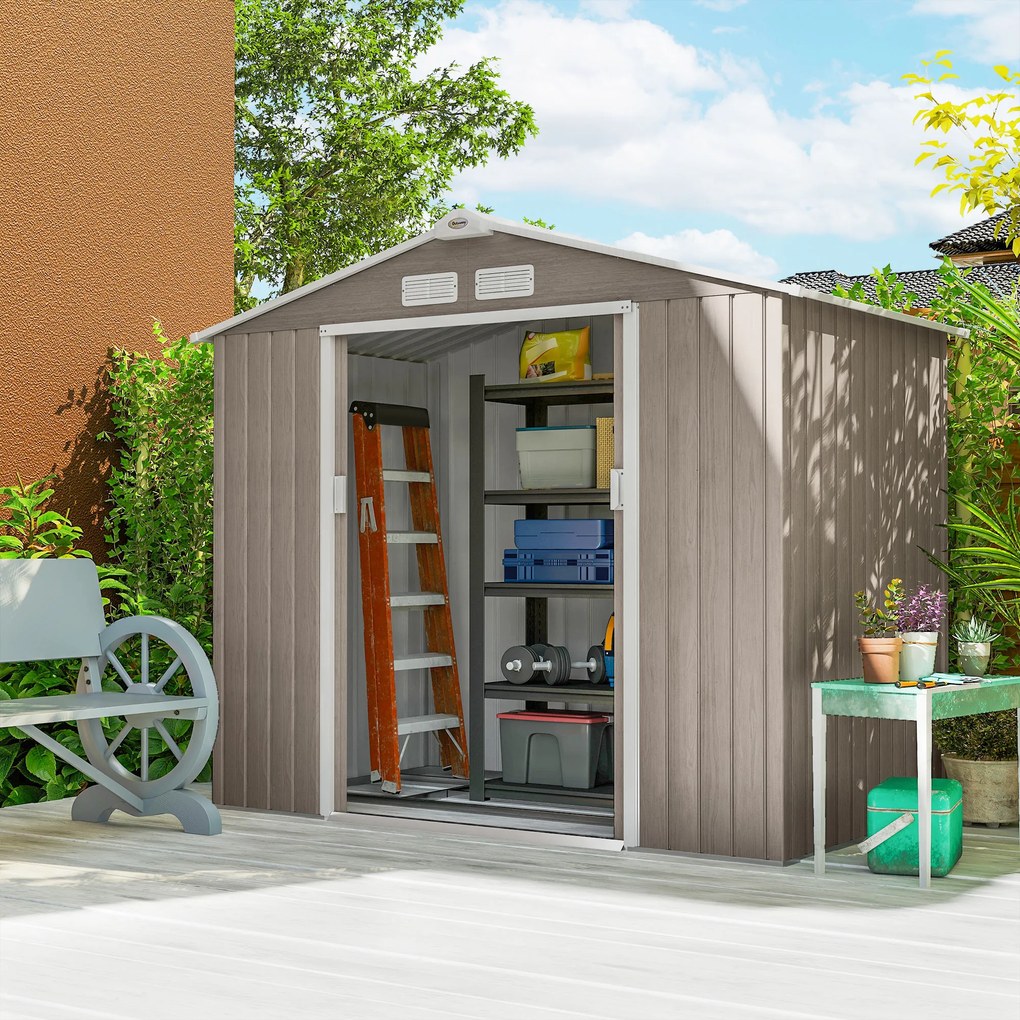 Outsunny Magazie Grădină Metalică cu Orificii de Ventilație și Ușă Culisantă Dublă pentru Grădinarit și DIY, 213x130x185 cm, Maro | Aosom Romania