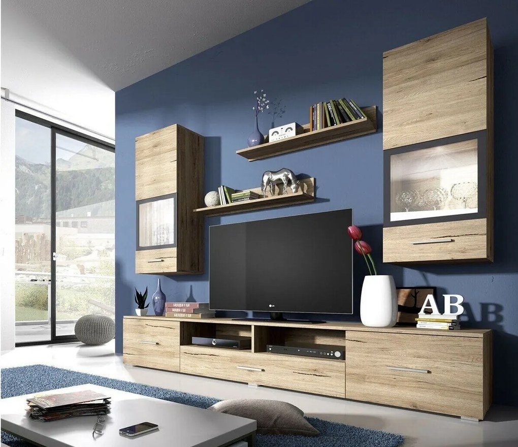 Mobilă pentru sufragerie Austin 104Stejar san remo, Antracit, Cu comodă tv, Cu componente suplimentare, Părți separate, PAL laminat, Sticlă călită, 210x40cm