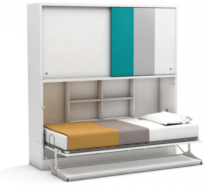 Pat rabatabil orizontal cu dulap deasupra - ACADEMY SET (90X190) (Culoare pat: White+Grey+Turquoise)