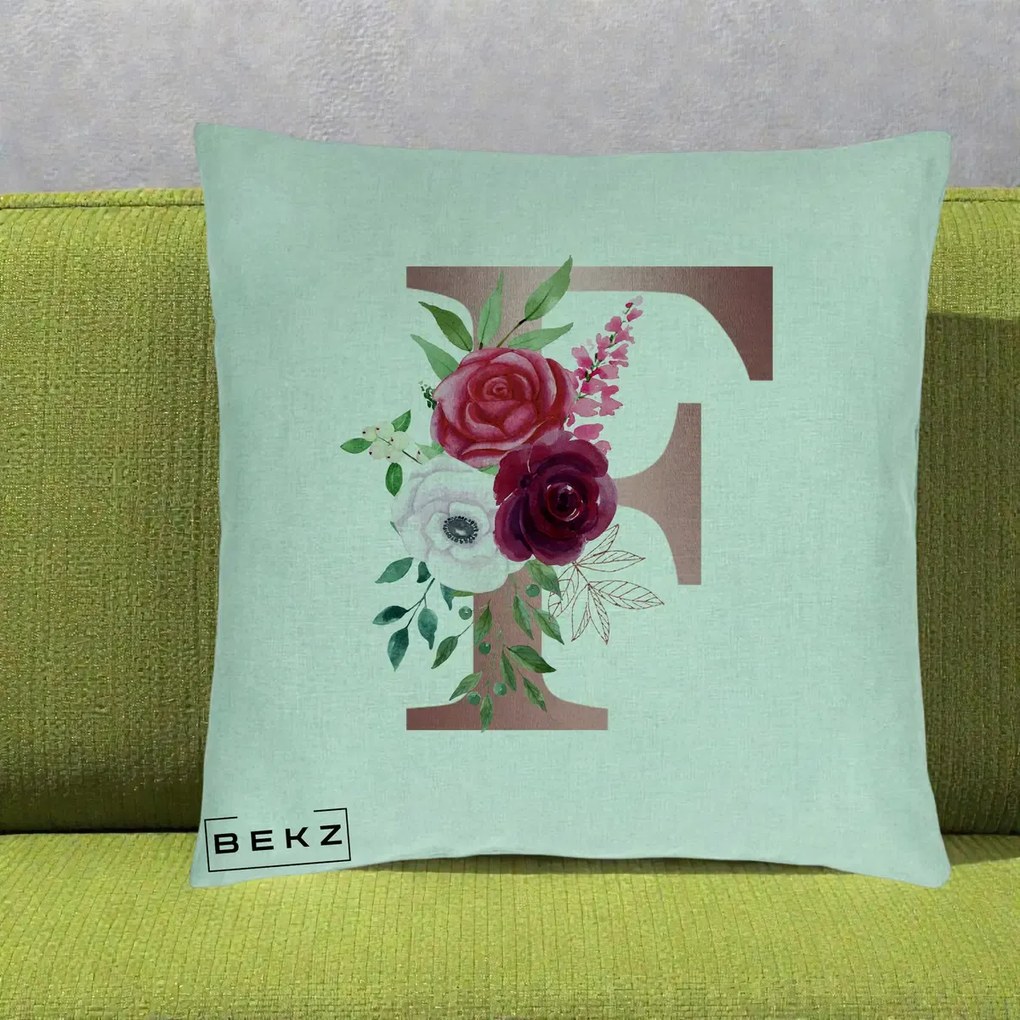 Cadou Personalizat - Perna Personalizata Monograma Rose Gold Litera F, 40x40 cm, Verde Menta, Husa Detasabila, Perna Inclusa, BEKZ®