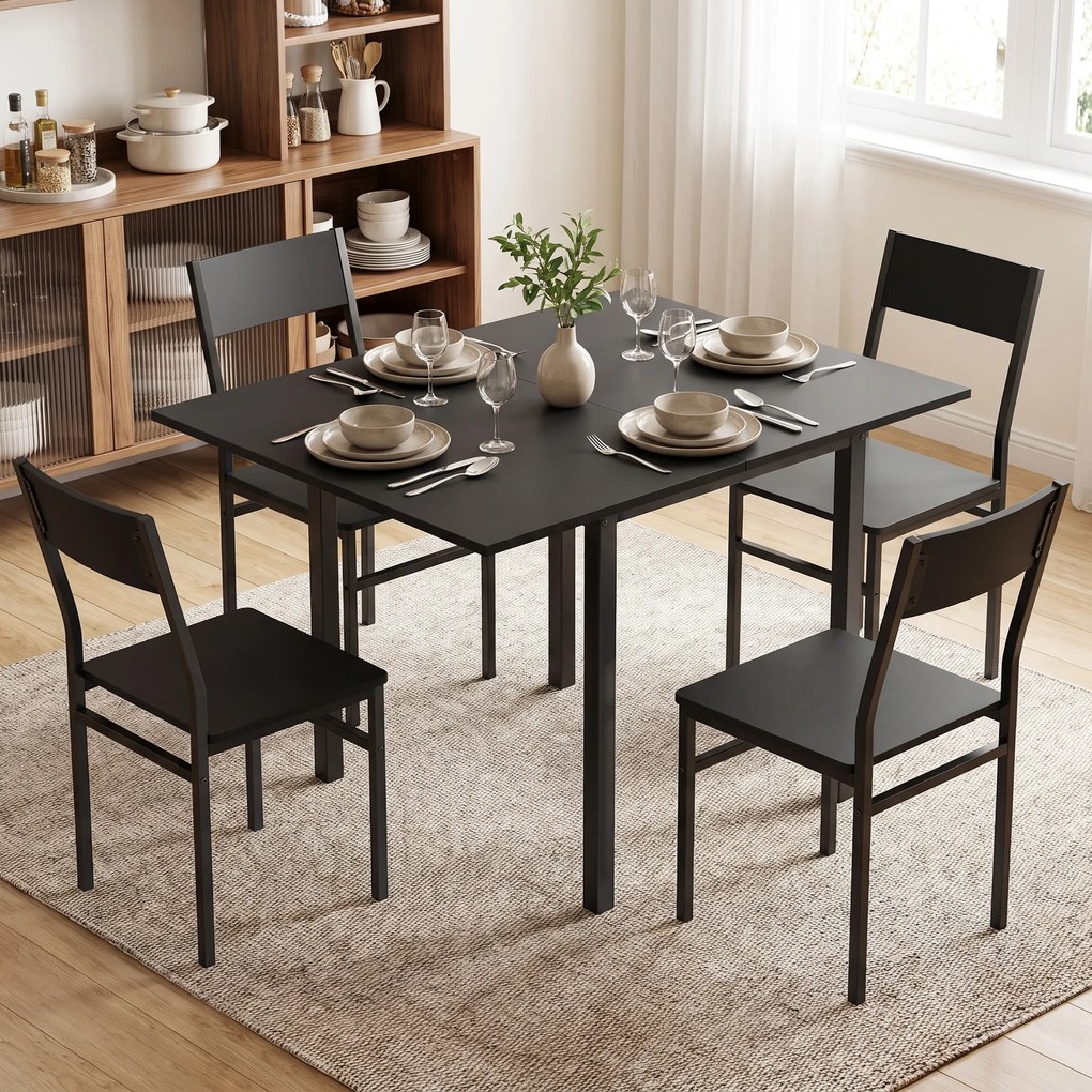 HOMCOM Set Masă și Scaune Dining 5 Piese Extensibil cu MDF și Metal, 80-120 cm, 4 Scaune Stivuibile, Negru | Aosom Romania