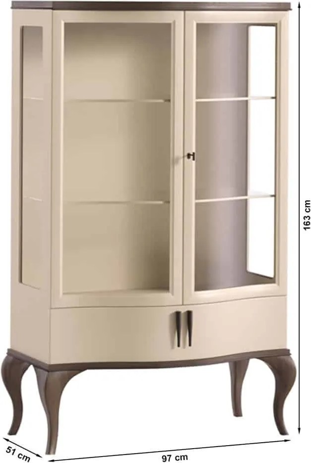 Vitrină lemn masiv nuc cu doua usi Leona Crem-, 97 × 51 × 163 cm