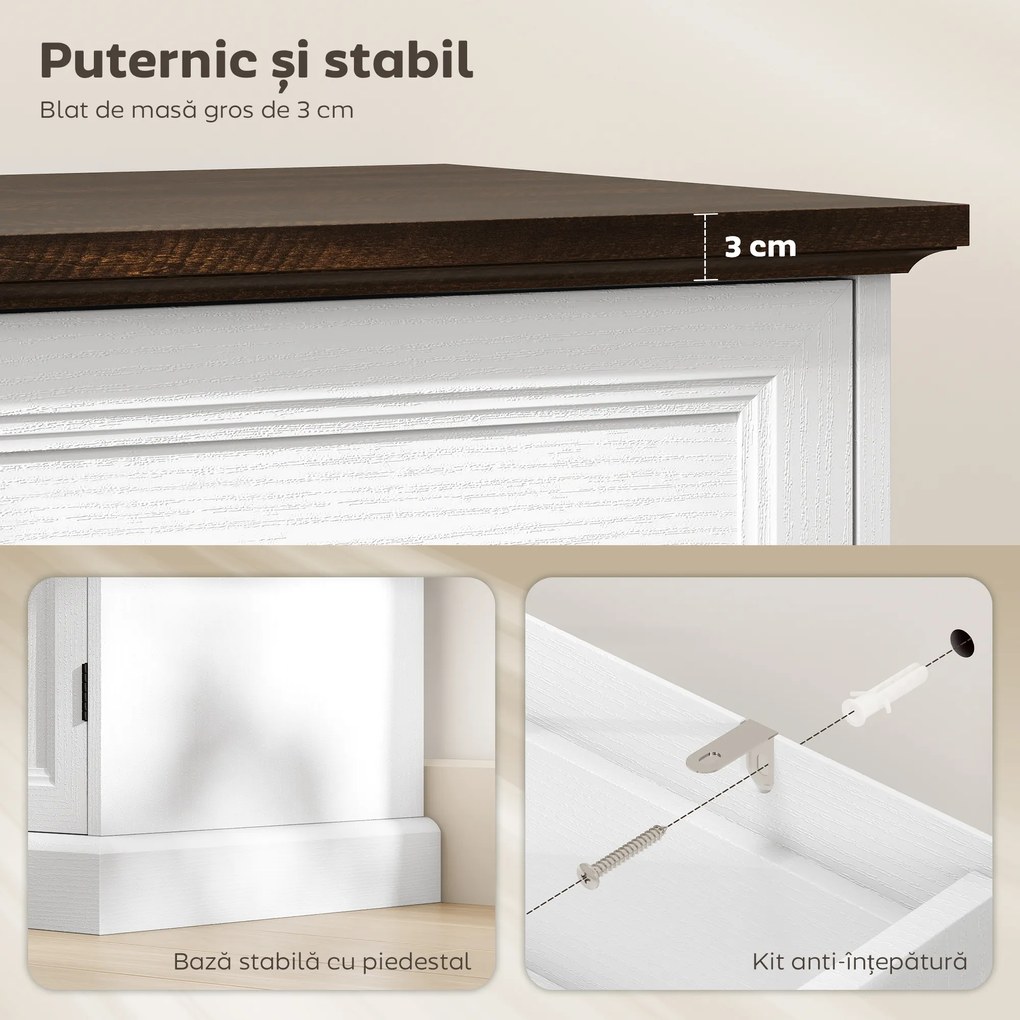 HOMCOM Credență de Bucătărie, Mobilier de Bucătărie cu 4 Sertare Soft Close, Blat Gros, Bufet cu Rafturi Reglabile, Stil Rustic, pentru Sufragerie, Sala de Mese, 147x40x87 cm, Alb | Aosom Romania