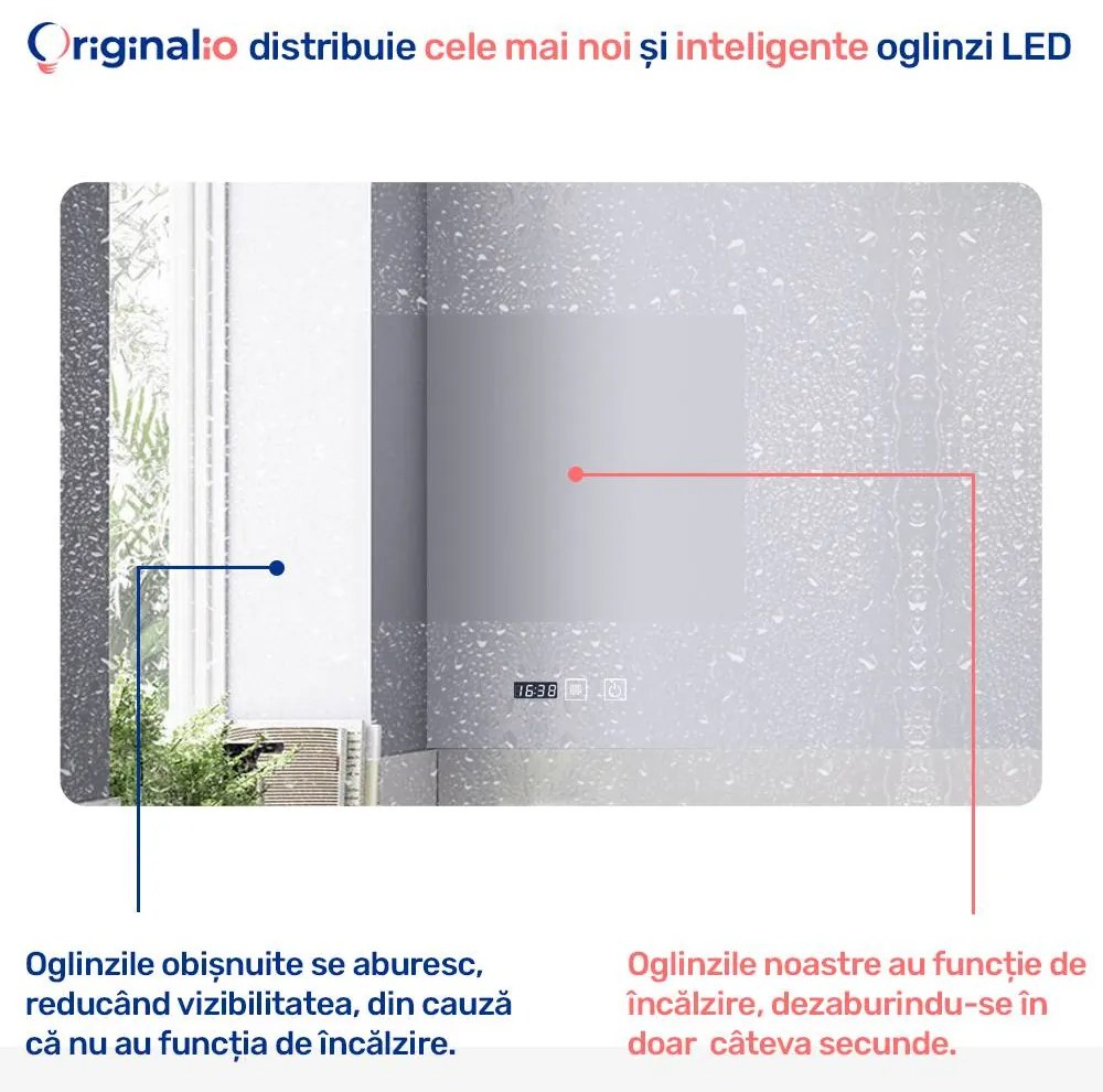 Oglindă LED Dreptunghiulară (110x70 cm), 3 Moduri Iluminare (Lumină Rece, Naturală, Caldă), Intensitate Reglabilă, Funcție Dezaburire, Ceas (Timer) și Termometru, Control Tactil (Touch)