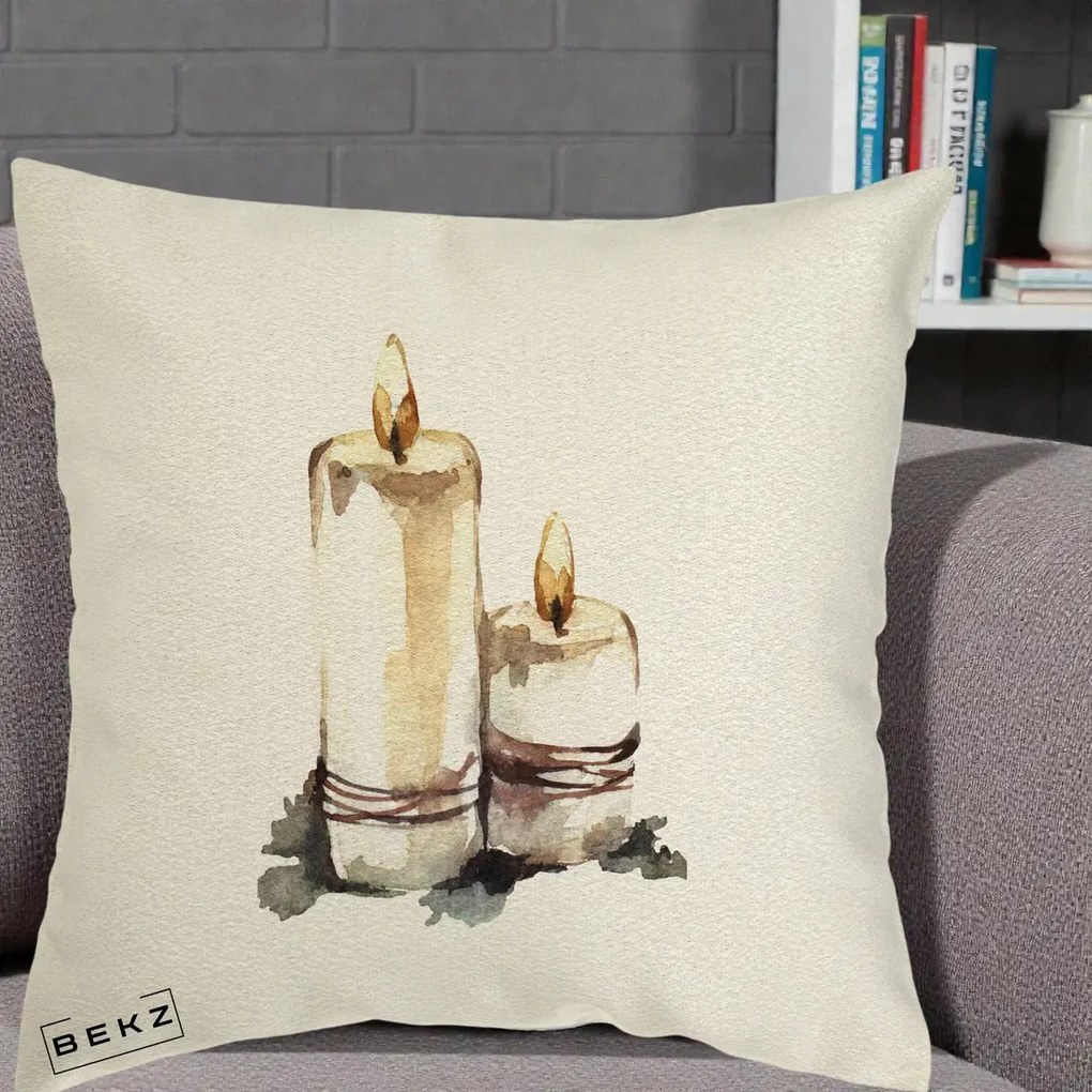 Perna Decorativa Lumanari Acuarela Iarna, 40x40 cm, Ecru, Husa Detasabila, Perna Inclusa, BEKZ®