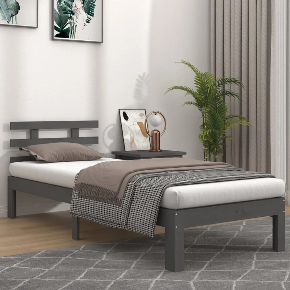 814721 vidaXL Cadru de pat single, gri, 90x190 cm, lemn masiv